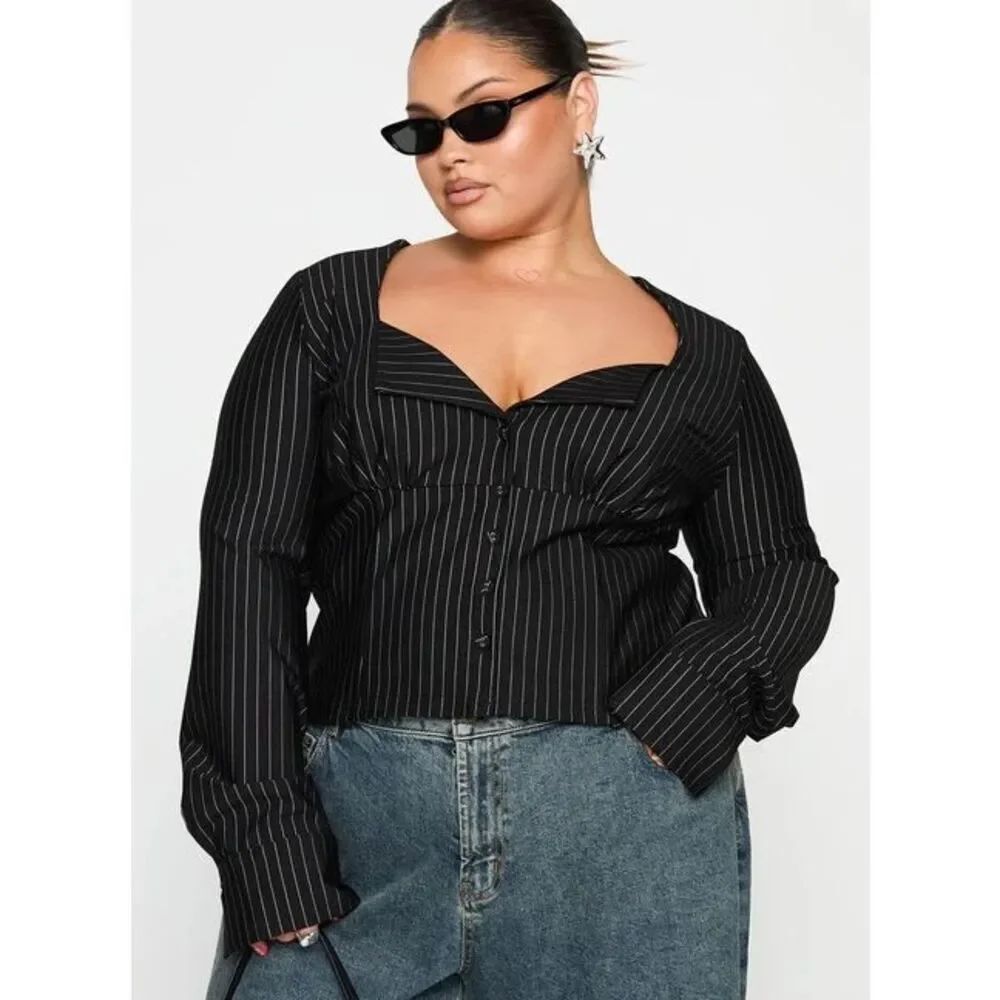 PRINCESS POLLY Set For Life Foldover Detail Long Sleeve Black White Pinstripe